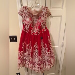 Ch Chi London Curve red gold lace embroidery Clara holiday cocktail dress UK22